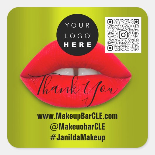 ロゴQRコード名感謝していショッピング赤い唇の緑 スクエアシール (正面)