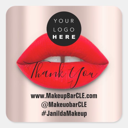 ロゴQRコード名感謝していショッピング赤い唇バラ スクエアシール (正面)
