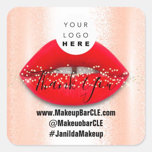 ロゴQRコード名感謝していショッピング赤い唇バラ スクエアシール (正面)