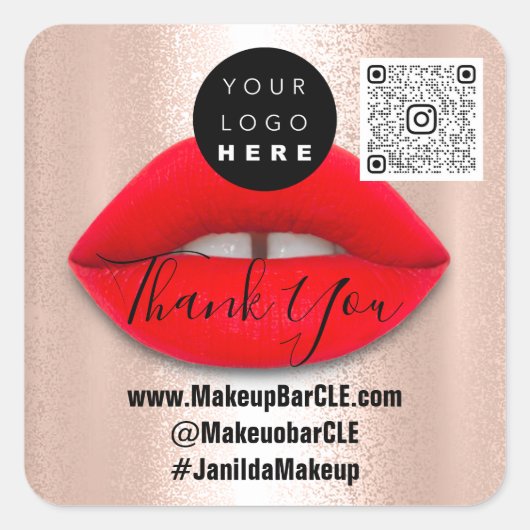ロゴQRコード名感謝していショッピング赤い唇バラ スクエアシール (正面)