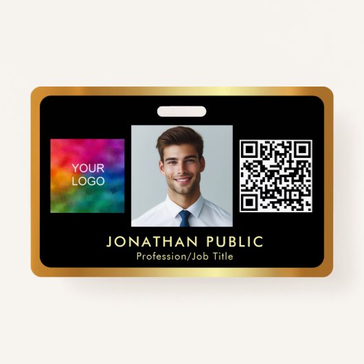 ロゴQRコード従業員フォトブラック&金ゴールド バッジ (正面)