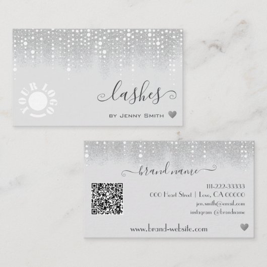 ロゴQRテンプレートかわいらしホワイトシルバーグリッター雨 名刺 (正面/裏面)