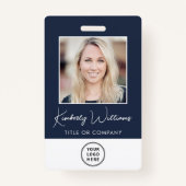 ロゴQRバーコード従業員の青い写真ID バッジ (正面)