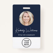 ロゴQRバーコード従業員の青い写真ID バッジ (正面)