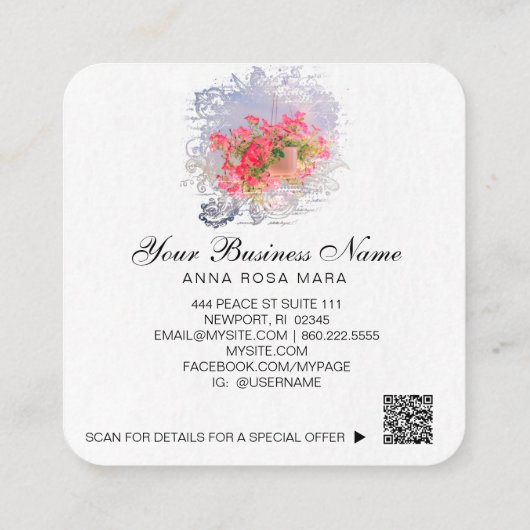 *~*ロゴQRフローラフラワーぶら下がったズピンクペチュニアポット スクエア名刺 (裏面)