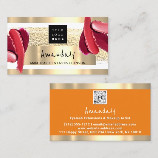 ロゴQR CODEロゴ金ゴールドピンクストロークメイクアップアーティスト 名刺 (正面/裏面)