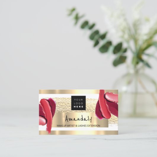ロゴQR CODEロゴ金ゴールドピンクストロークメイクアップアーティスト 名刺 (スタンド正面)