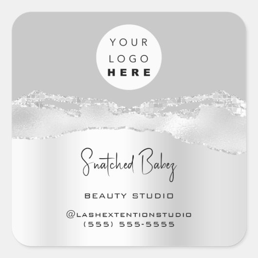 ロゴQRCodeオンラインショップグリッターシルバーグレーストローク スクエアシール (正面)