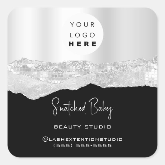 ロゴQRCodeオンラインショップグリッターシルバーグレーブラック スクエアシール (正面)