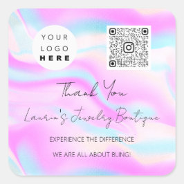 ロゴQrCodeオンラインショップホログラフィックピンクブルー スクエアシール