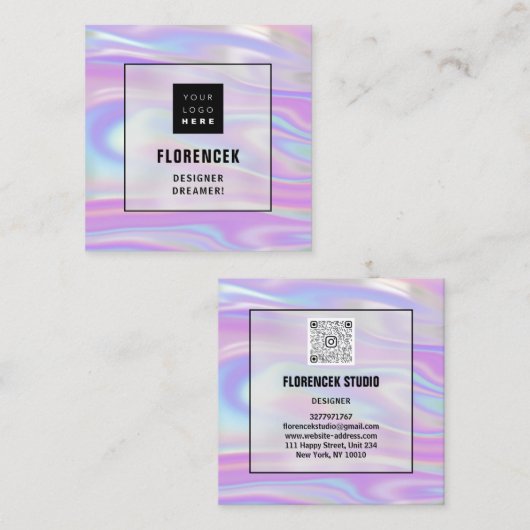 ロゴQRCODEショッププロフェッショナルホログラフィグラデーションック スクエア名刺 (正面/裏面)