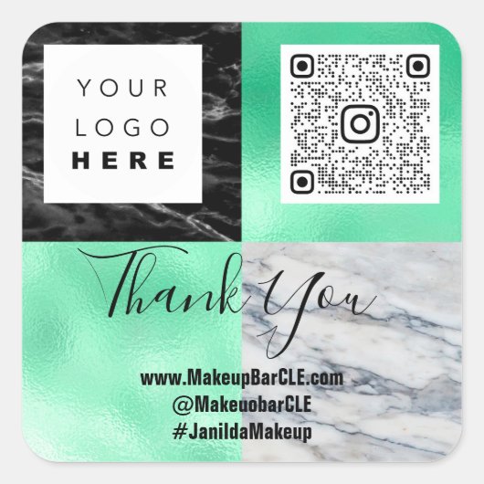 ロゴQRCode名感謝していショッピング大理石グリーン スクエアシール (正面)