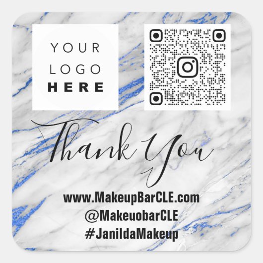 ロゴQRCode名感謝していショッピング大理石グレーブルー スクエアシール (正面)