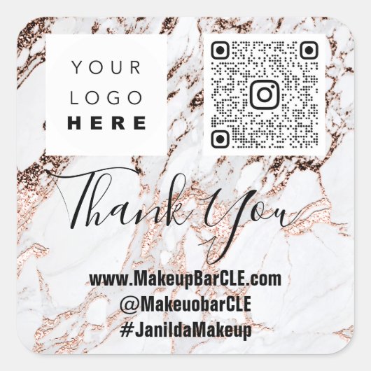 ロゴQRCode名感謝していショッピング大理石バラ白 スクエアシール (正面)