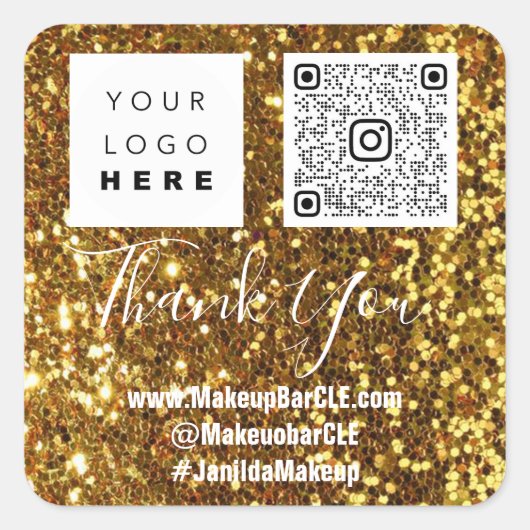 ロゴQRCode名感謝していショッピング金ゴールドグリッター スクエアシール (正面)