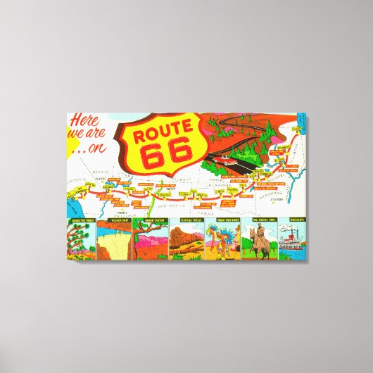 ロサンゼルスからシカゴまでの66号経路の地図 キャンバスプリント (正面)