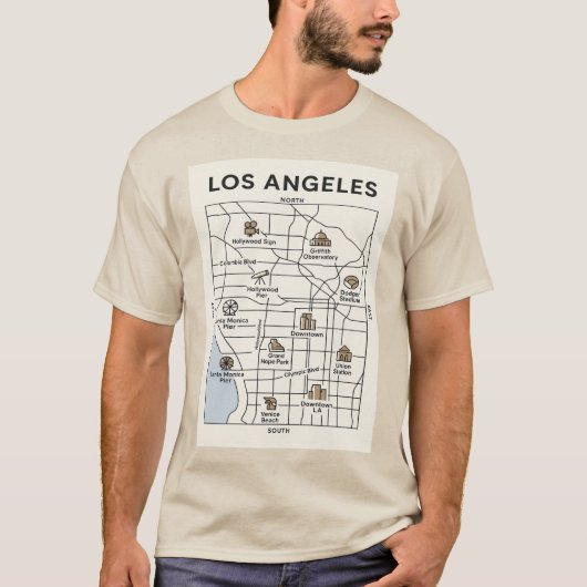 ロサンゼルスを探索 – ミニマリストの象徴的な地図 Tシャツ (正面)