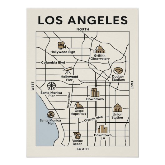 ロサンゼルスを探索 – ミニマルな象徴的な地図ポスター ポスター (正面)