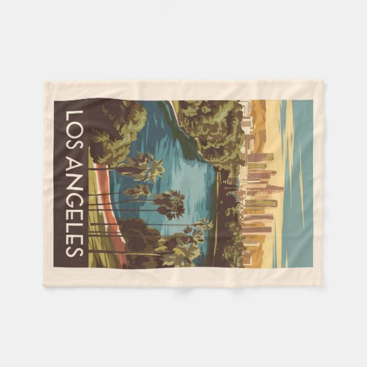 ロサンゼルスエコーパークレイクトラベルアートヴィンテージ フリースブランケット (正面(横))