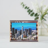 ロサンゼルスカリフォルニアスカイラインリネン+国旗 ポストカード (スタンド正面)