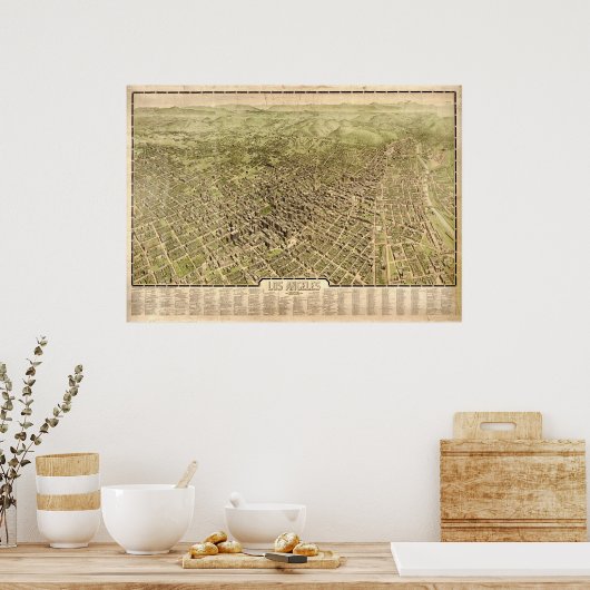 ロサンゼルスカリフォルニア1909アンティークパノラママップ ポスター (キッチン)