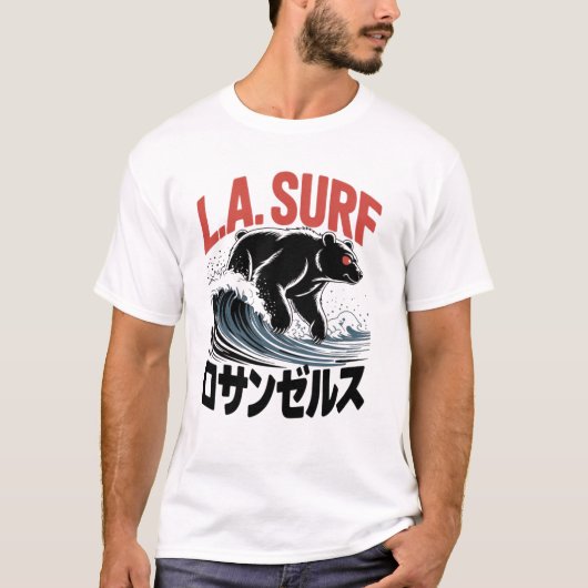 ロサンゼルスサーフベア日本語タイポグラフィ Tシャツ (正面)