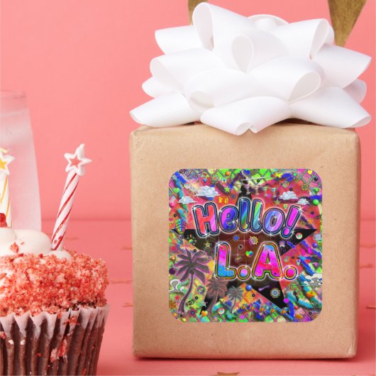 ロサンゼルス こんにちは！ステッカー！ スクエアシール (パーティー)