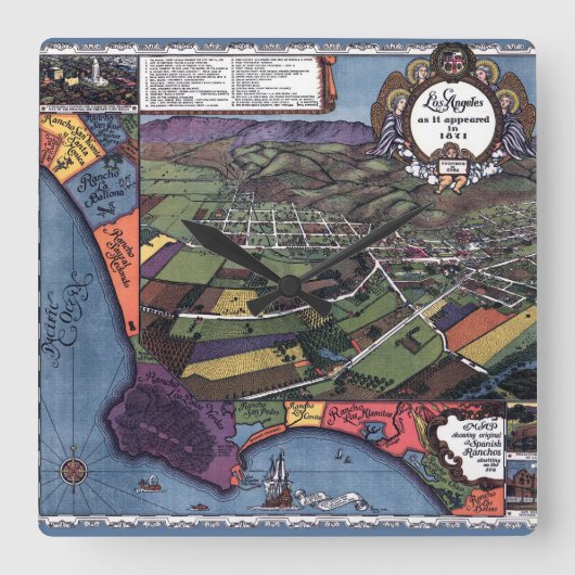 ロサンゼルス,カリフォルニア州アンティーク航空市地図 スクエア壁時計 (正面)