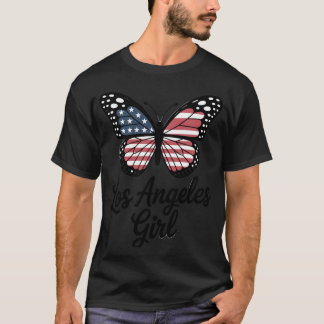 ロサンゼルス 少女 アメリカ国旗 蝶 カリフォルニア Tシャツ