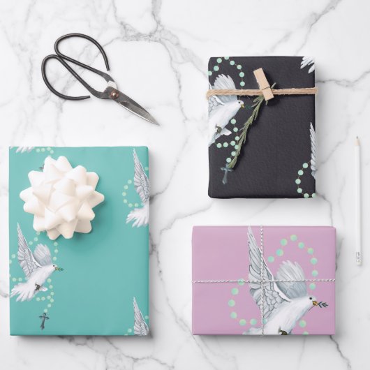 ロザリオ付き白い鳩 ラッピングペーパーシート (正面)