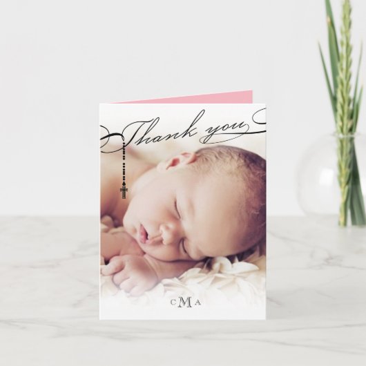 ロザリオ・クロスモノグラムスクリプト写真の宗教的 サンキューカード (正面)