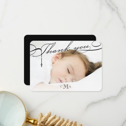 ロザリオ・クロスモノグラムスクリプト写真の宗教的 サンキューカード (正面/裏面インサイチュ)
