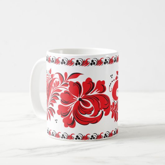 ロシアのな国民パターンマグの赤い黒 コーヒーマグカップ (正面左)