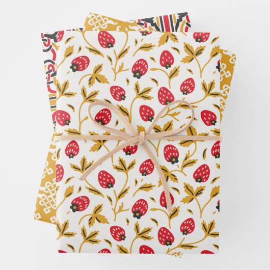 ロシアのフォークアートレッドベリーとラディユグ幾何学模様 ラッピングペーパーシート (インサイチュ)