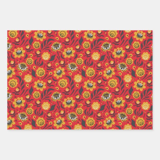 ロシアのフォークアートレッドベリーブラックフォージイエロー ラッピングペーパーシート (正面2)