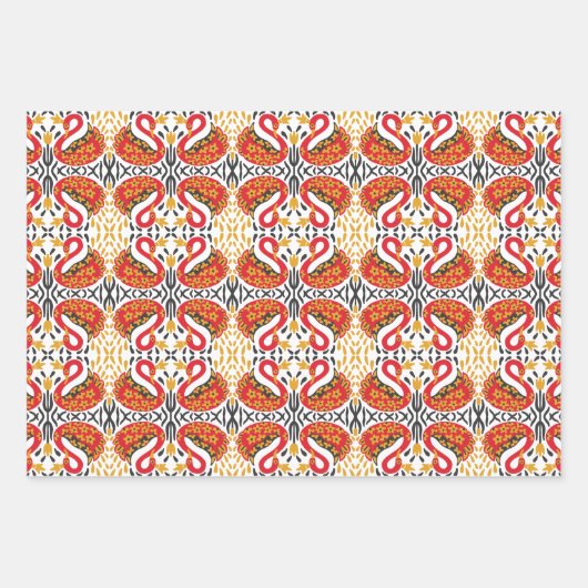 ロシアのフォーク黒い赤い花と鳥の幾何学的 ラッピングペーパーシート (正面3)