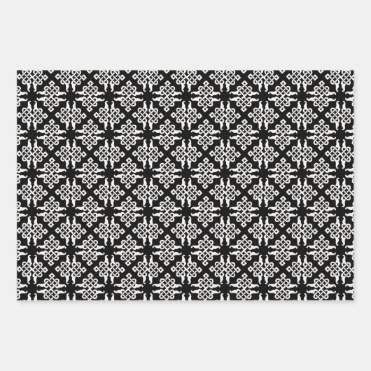 ロシアのフォーク黒い赤い花と鳥の幾何学的 ラッピングペーパーシート (正面2)