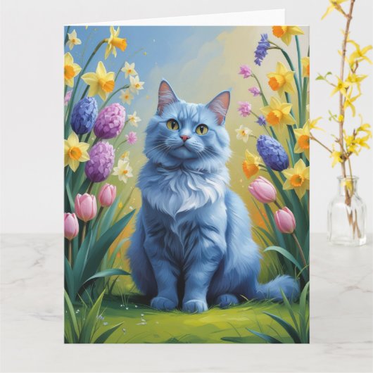 ロシアのブルー猫春の花絵を描ズ カード (黄色い花)