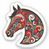 ロシアのホクhloma花柄の馬の頭の民芸ステッカー シール (正面)
