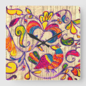 ロシアの北フォークアートバード スクエア壁時計 (正面)