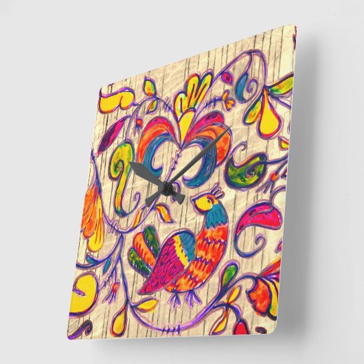 ロシアの北フォークアートバード スクエア壁時計 (傾斜)