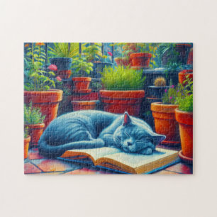 ロシアの本の上で寝る青い猫絵を描 ジグソーパズル
