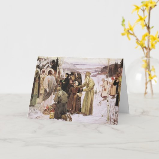 ロシアの神父と農民がイエスを崇拝する カード (黄色い花)