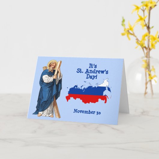 ロシアの饗宴の日カードの国旗の地図と聖アンドリュー カード (黄色い花)