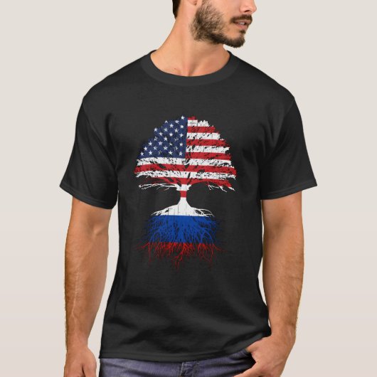ロシアルーツロシアのアメリカ国旗の移民シティズ Tシャツ (正面)