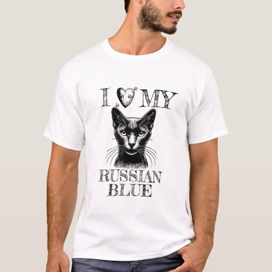 ロシアンブルーが大好き、黒い猫の足跡 Tシャツ (正面)