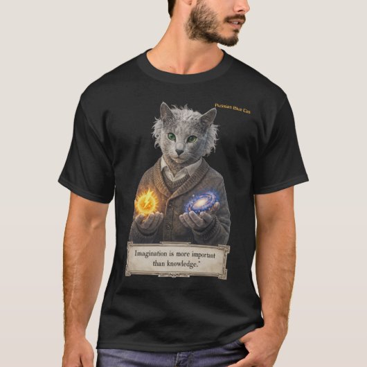 ロシアンブルーのアインシュタイン猫 - 想像力 Tシャツ (正面)