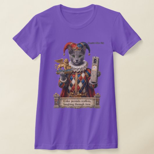 ロシアンブルーのアルレッキーノ猫 Tシャツ (レイダウン)