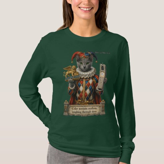 ロシアンブルーのアルレッキーノ猫 Tシャツ (正面)