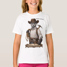 ロシアンブルーのカウボーイ・キャット – 自由を築く Tシャツ